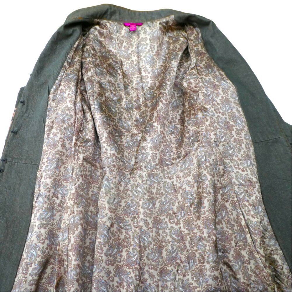 Vintage 90s Designer Flower Embossed Denim Trench Coat 3D Paisley Satin Lined 10 - Picture 10 of 14